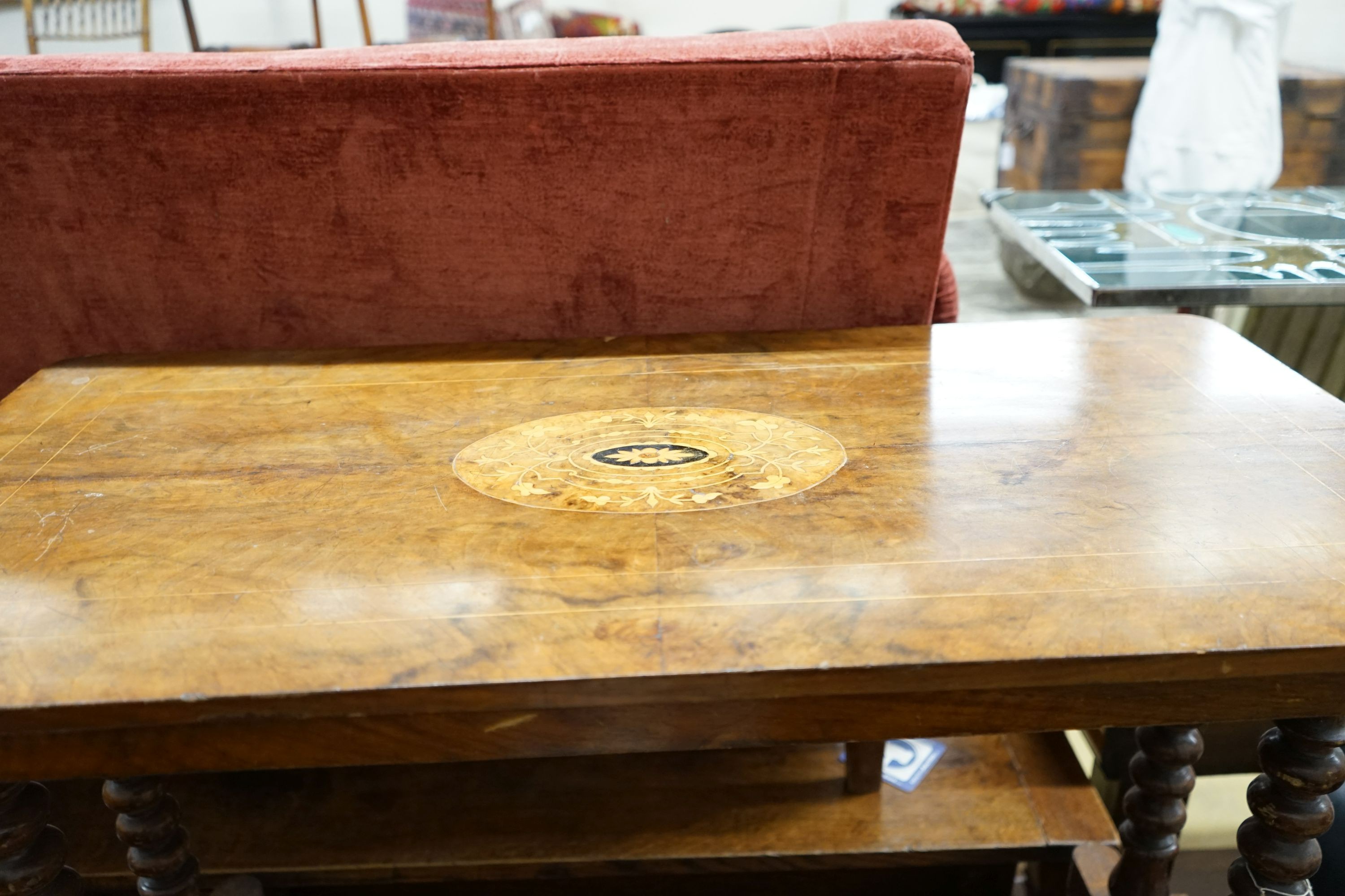 A Victorian rectangular inlaid walnut centre table, width 97cm, depth 47cm, height 64cm
